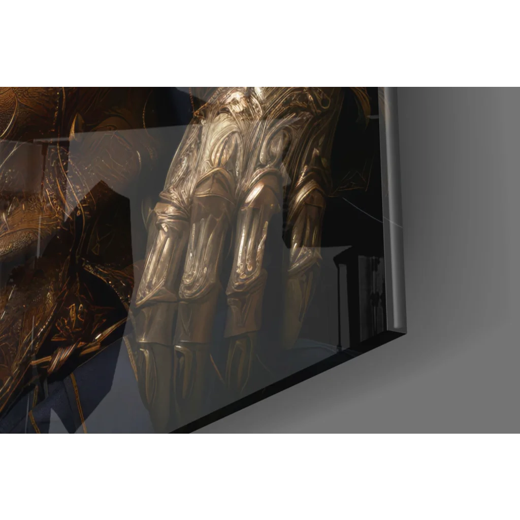 Dapper tiger in navy suit on golden fantasy gauntlet glass wall art