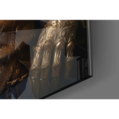 Dapper tiger in navy suit on golden fantasy gauntlet glass wall art