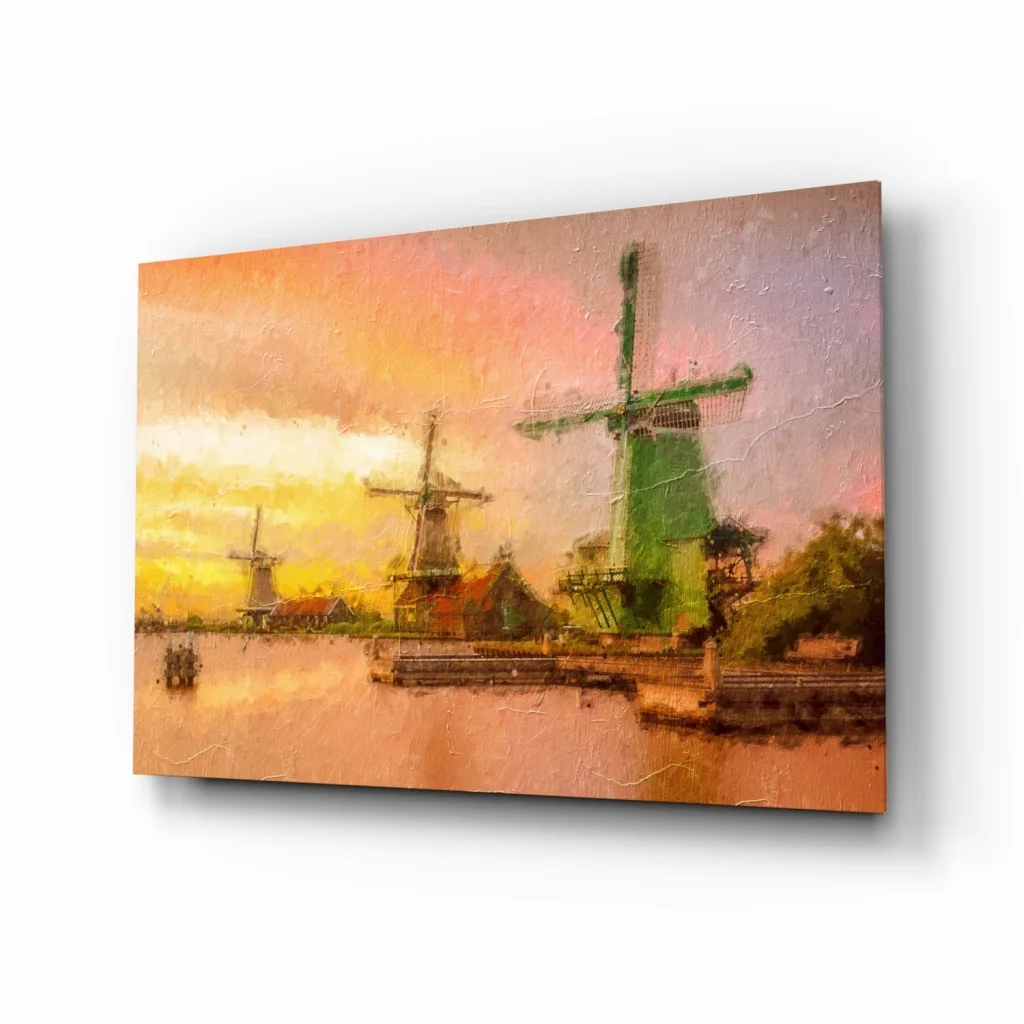 Stylized Dutch windmills sunset canvas wall art print