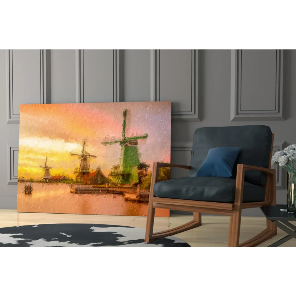 Vibrant green Dutch windmills in orange pink sunset canvas wall art print