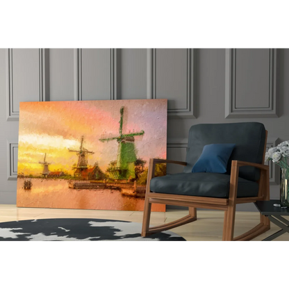 Vibrant green Dutch windmills in orange pink sunset canvas wall art print