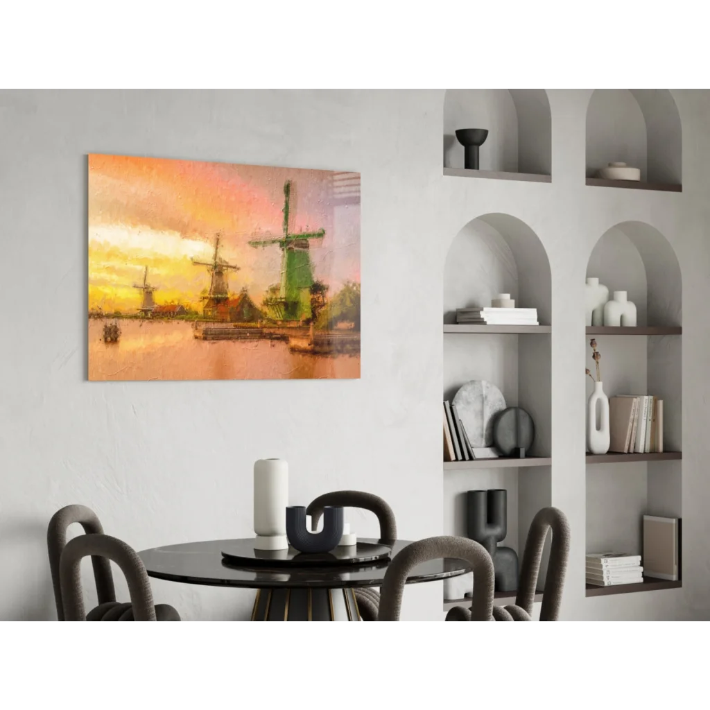 Vibrant Dutch windmills sunset canvas wall art print