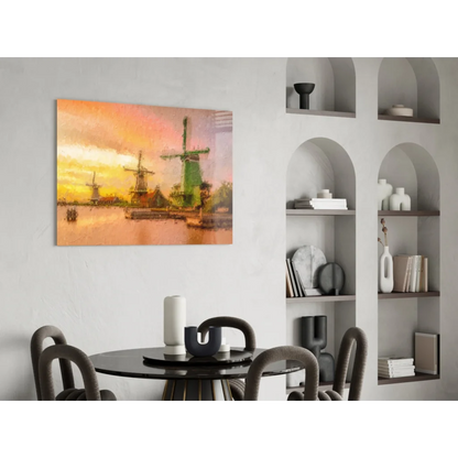 Vibrant Dutch windmills sunset canvas wall art print