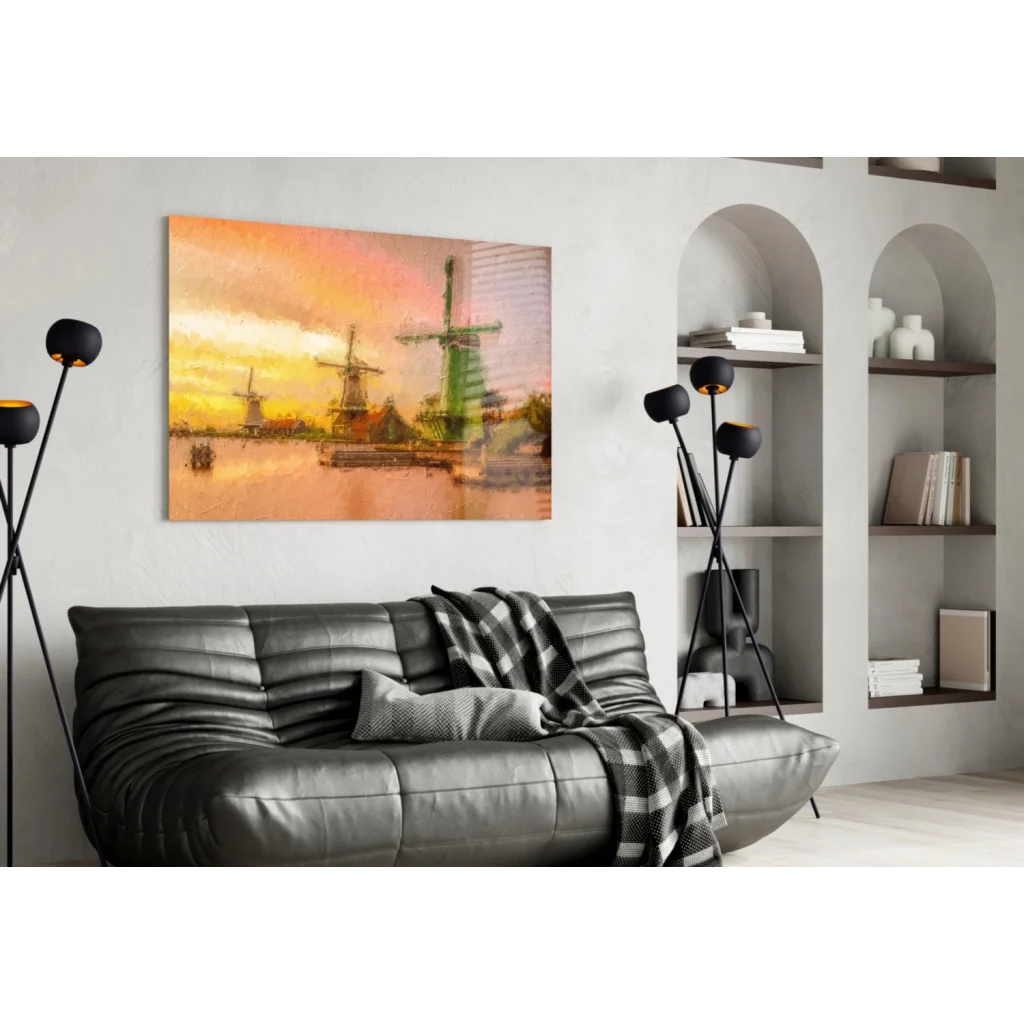 Dutch Windmills Sunset Canvas Wall Art Print in warm hues