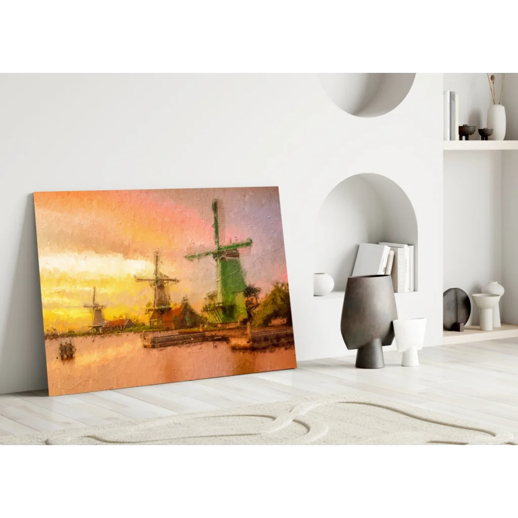 Vibrant Dutch windmills sunset canvas wall art print