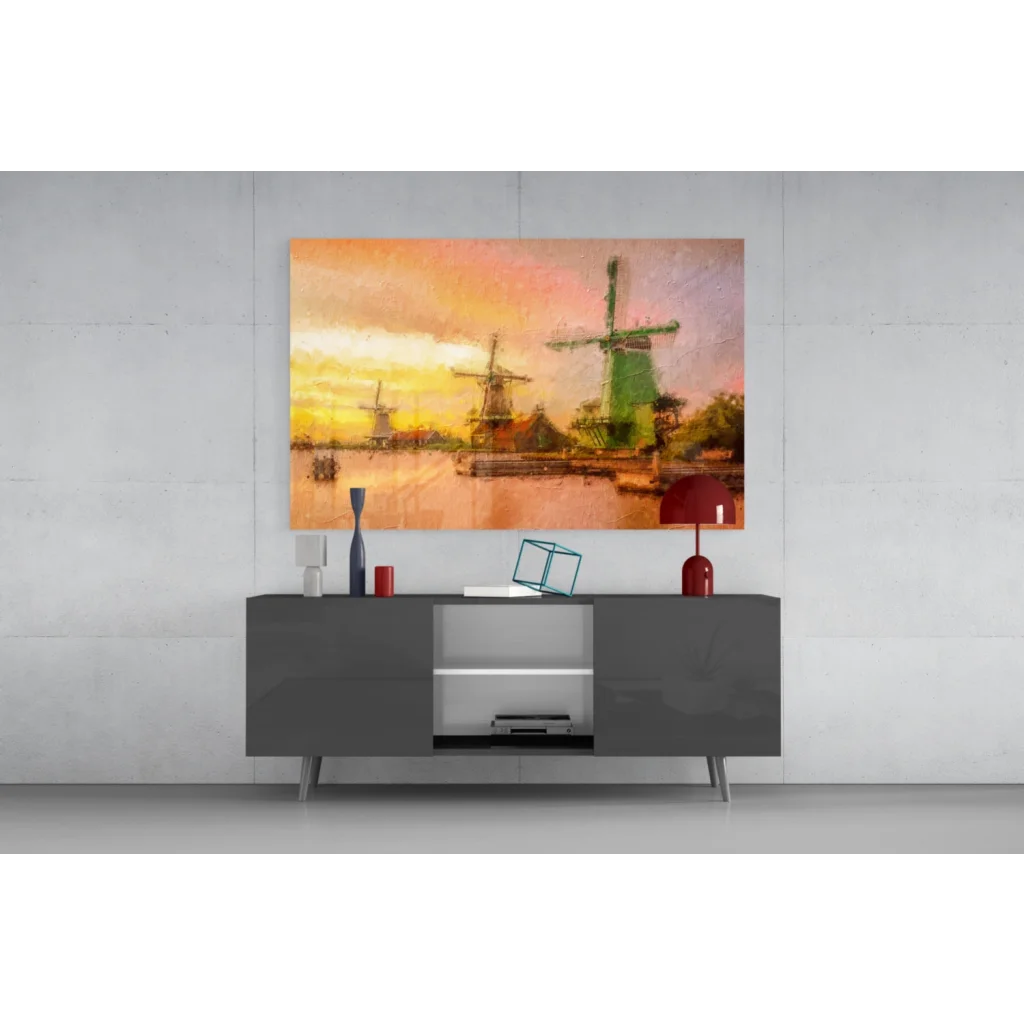 Vibrant Dutch Windmills Sunset Canvas Wall Art Print