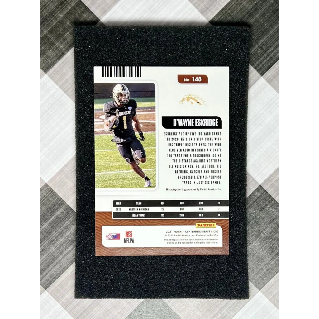 Dwayne Eskridge rookie auto card in black foam sleeve from Prestige Worldwide