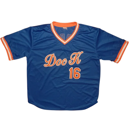Dwight Gooden autographed blue custom baseball jersey with orange trim and Doc K 16