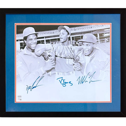 Autographed deluxe framed 16x20 photo of Tyson, Gooden and Strawberry boxing