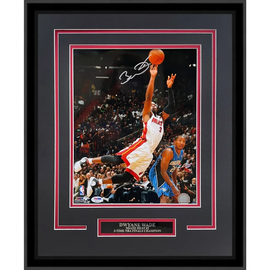Dwyane Wade autographed deluxe framed 11x14 photo of mid-dunk in Heat #3 jersey