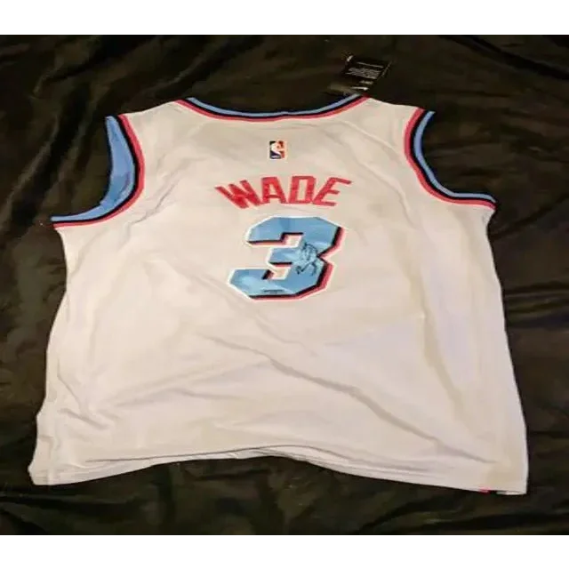 White Dwyane Wade autographed Miami Heat jersey with Wade autographed jersey details