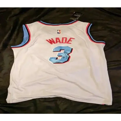 White Dwyane Wade autographed Miami Heat jersey with Wade autographed jersey details