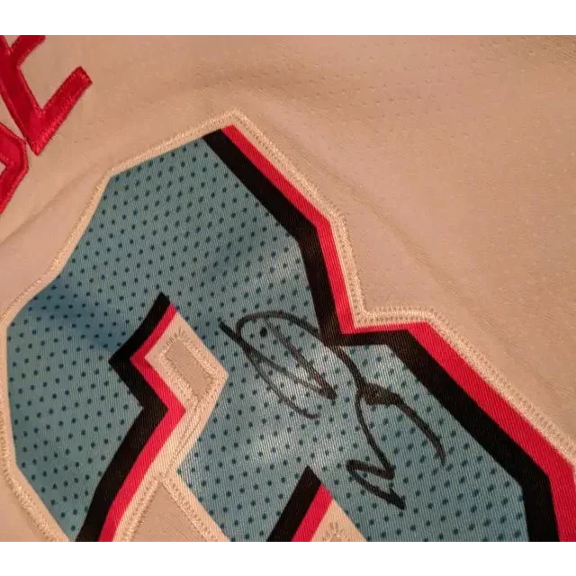 Dwyane Wade autographed Miami Heat jersey with blue, white, red, and black trim