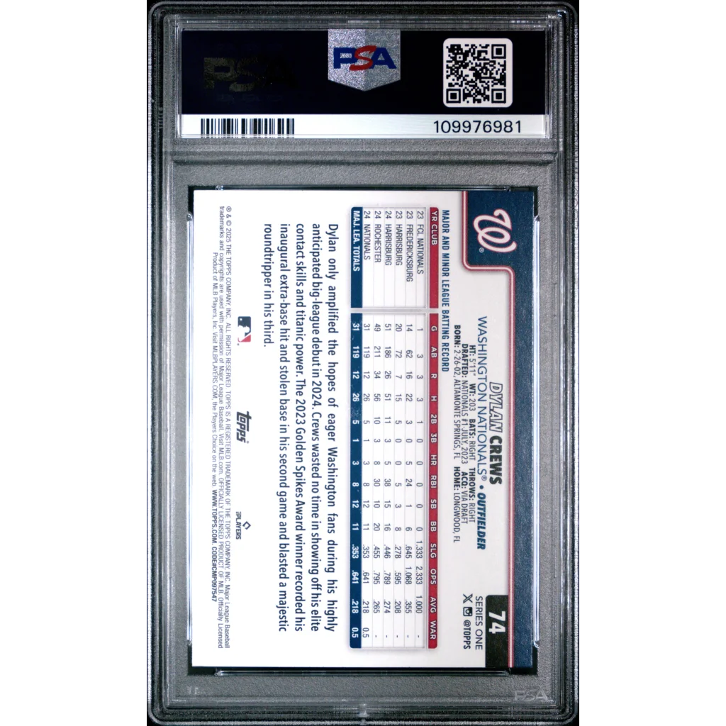 Graded Dylan Crews PSA 10 GEM MINT 2025 Topps Rookie Card Washington Nationals