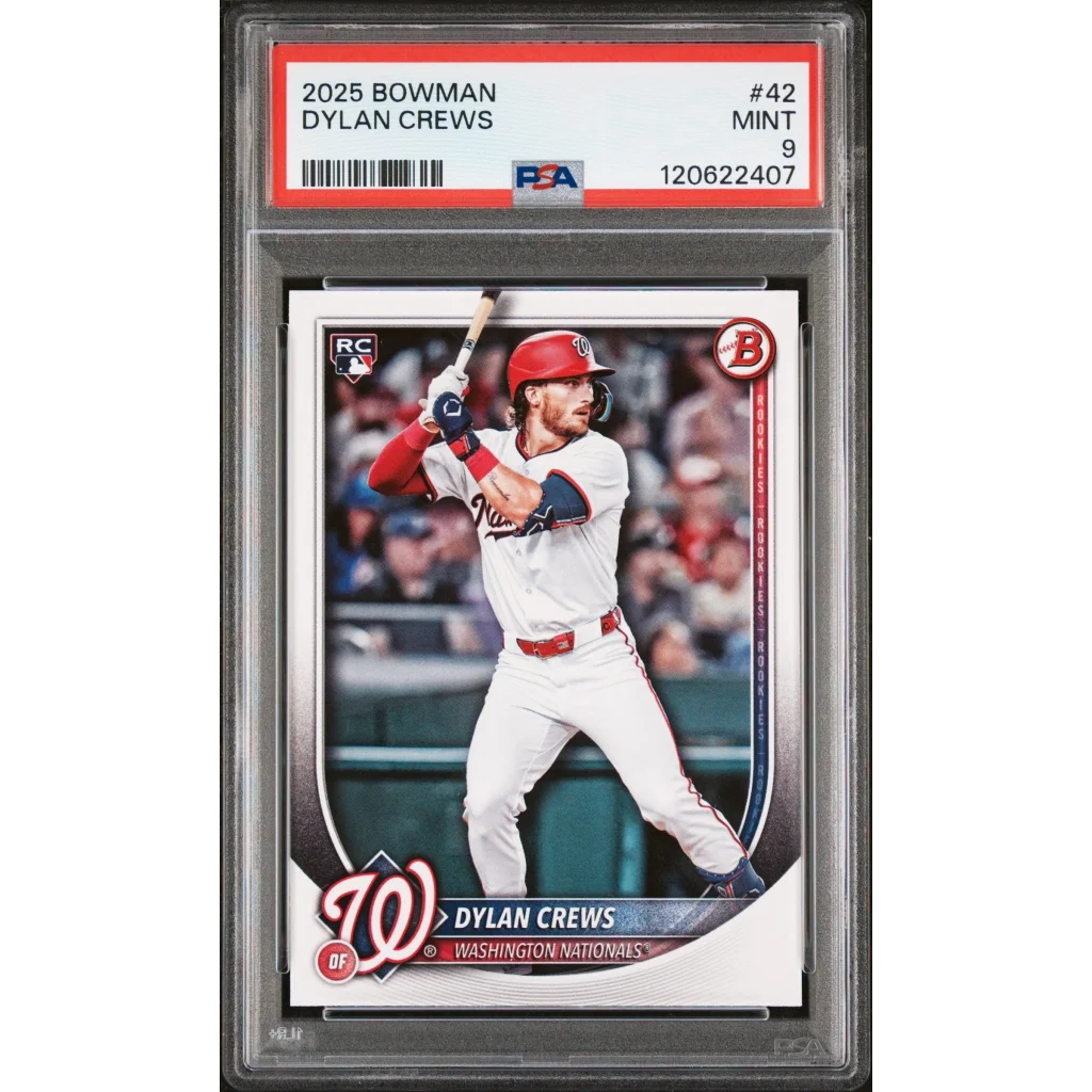 Dylan Crews 2025 Bowman PSA graded Nationals rookie card in white red uniform holding bat