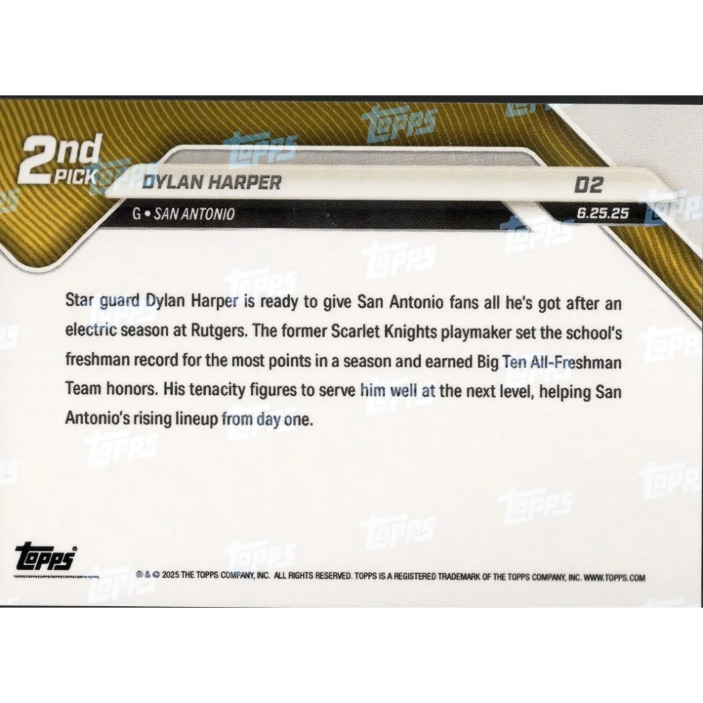 Back of Dylan Harper Rookie Card showing stats and player info with authentication