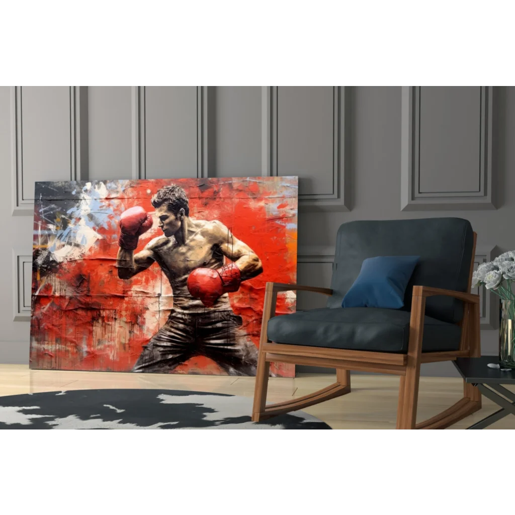 Vibrant red black abstract boxer canvas wall art in dynamic action