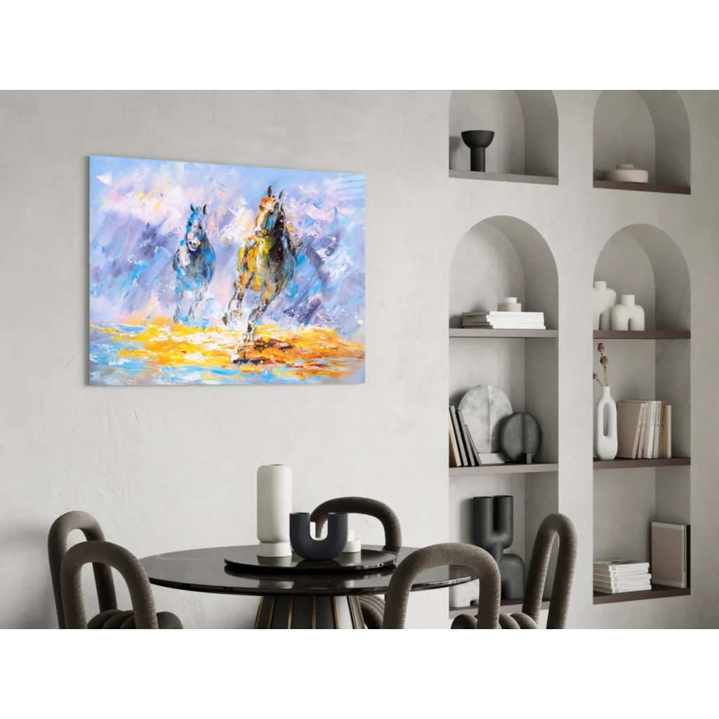 Vibrant abstract horses galloping in blues, yellows, purples wall art