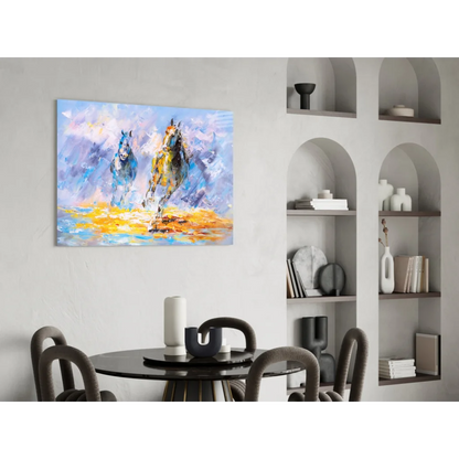 Vibrant abstract horses galloping in blues, yellows, purples wall art