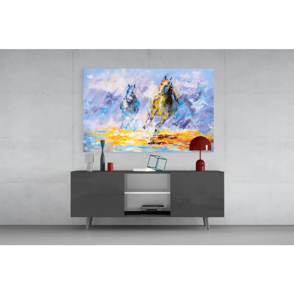 Dynamic horses abstract canvas wall art in bold blue and purple