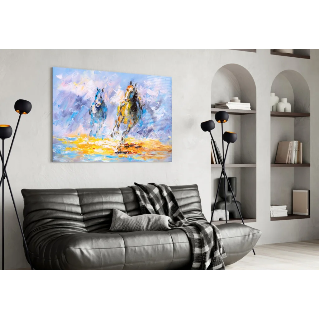 Vibrant abstract horses galloping in blue yellow white on bold purple canvas wall art