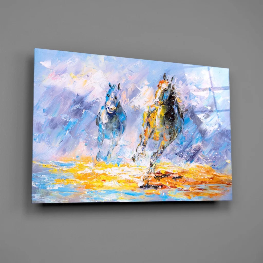 Vibrant abstract horses in blue and purple on textured canvas wall art
