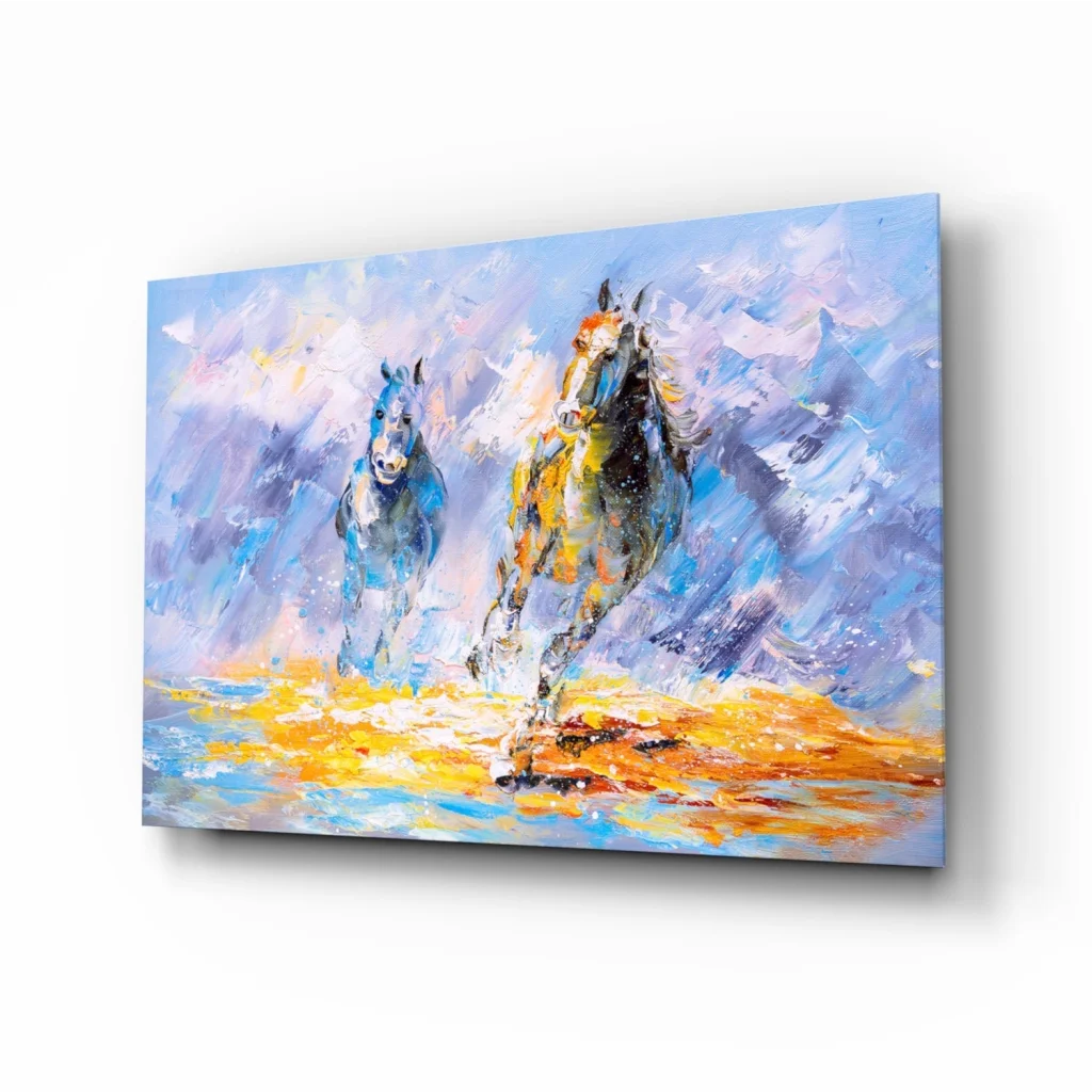 Vibrant dynamic horses abstract canvas wall art in bold blue and purple