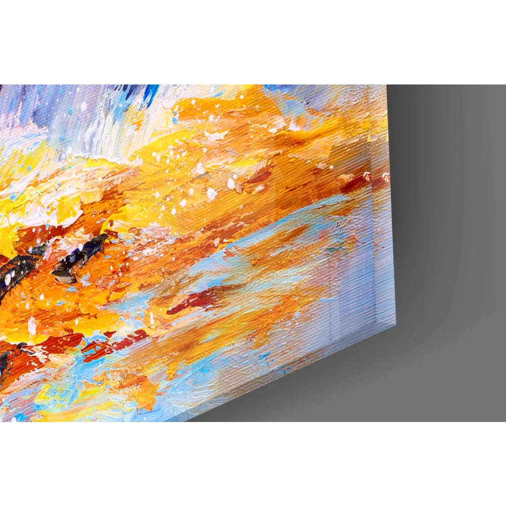Vibrant abstract canvas wall art with bold orange, yellow, blue, red strokes