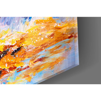 Vibrant abstract canvas wall art with bold orange, yellow, blue, red strokes