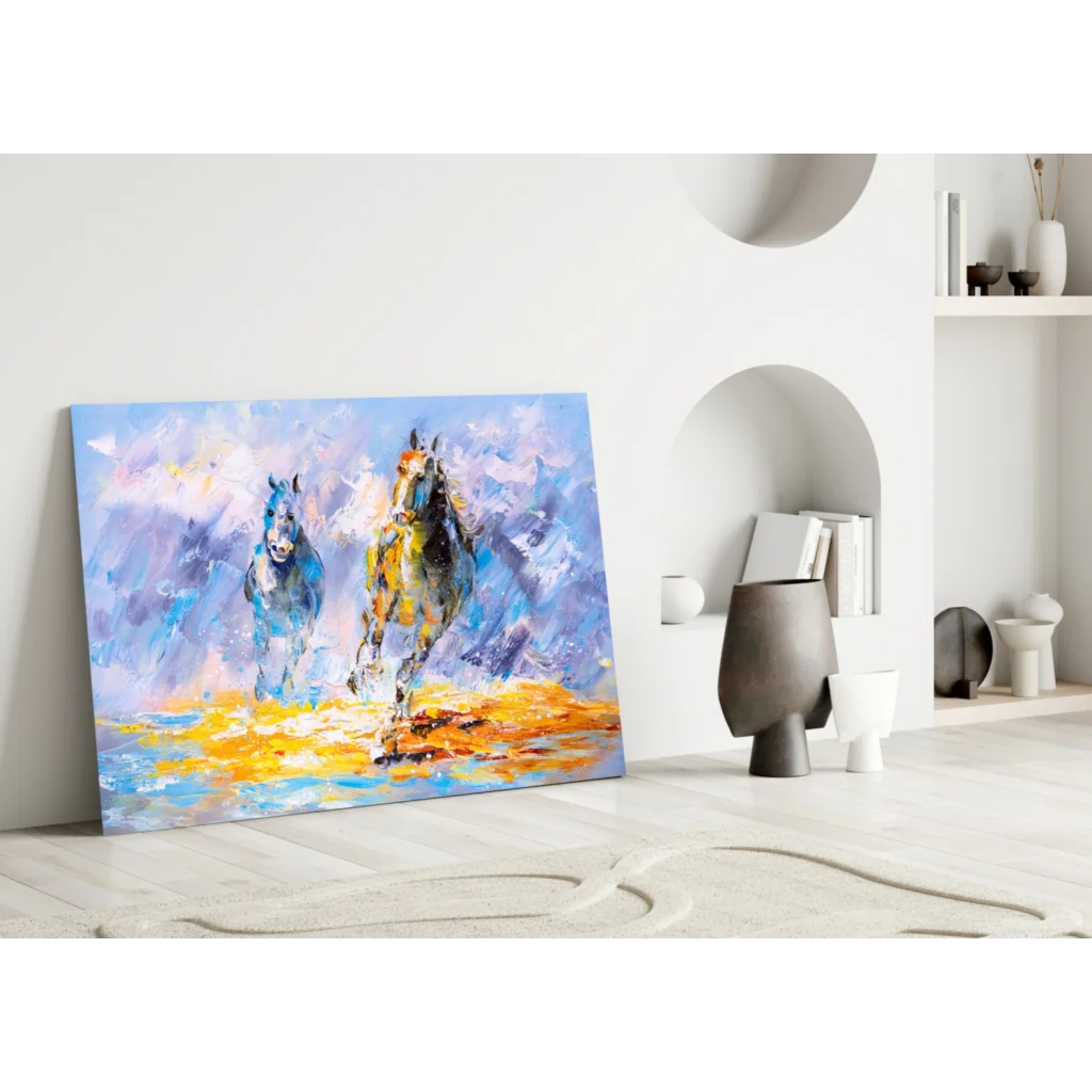 Dynamic horses abstract canvas wall art in bold blue and purple