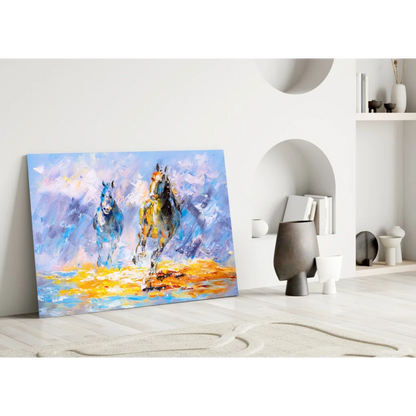 Dynamic horses abstract canvas wall art in bold blue and purple