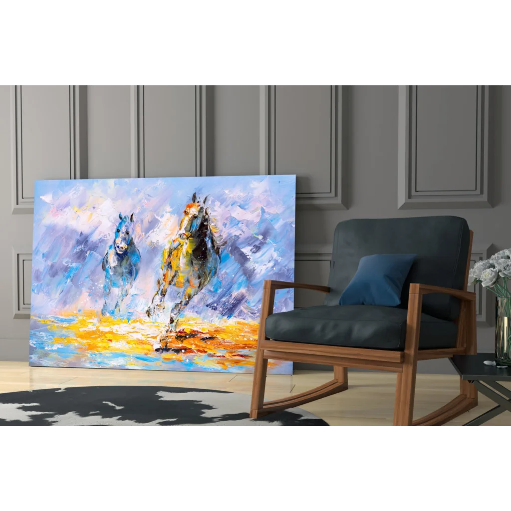 Vibrant abstract wall art of galloping horses in bold blue and purple