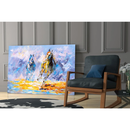 Vibrant abstract wall art of galloping horses in bold blue and purple
