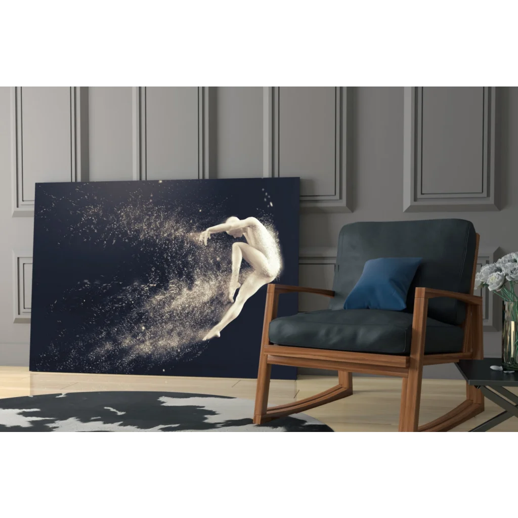 Sleek navy canvas wall art of dynamic white figure in cosmic motion