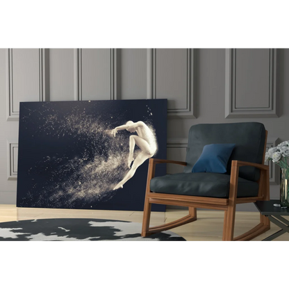 Sleek navy canvas wall art of dynamic white figure in cosmic motion