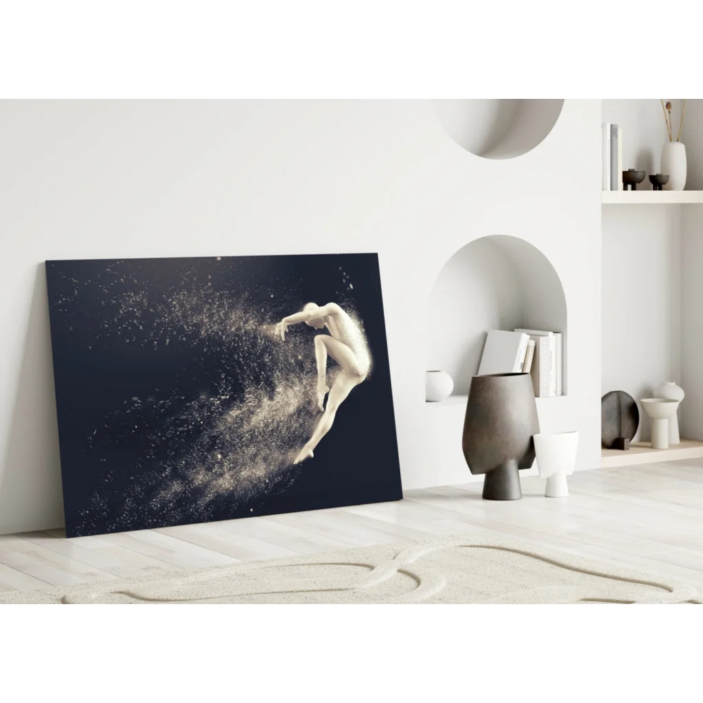 Sleek black canvas wall art of white figure leaping with sparkling motion