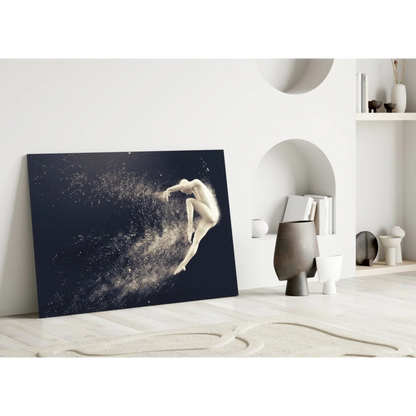 Sleek black canvas wall art of white figure leaping with sparkling motion