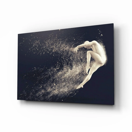 Sleek white figure in dynamic leap on sparkling motion wall art canvas