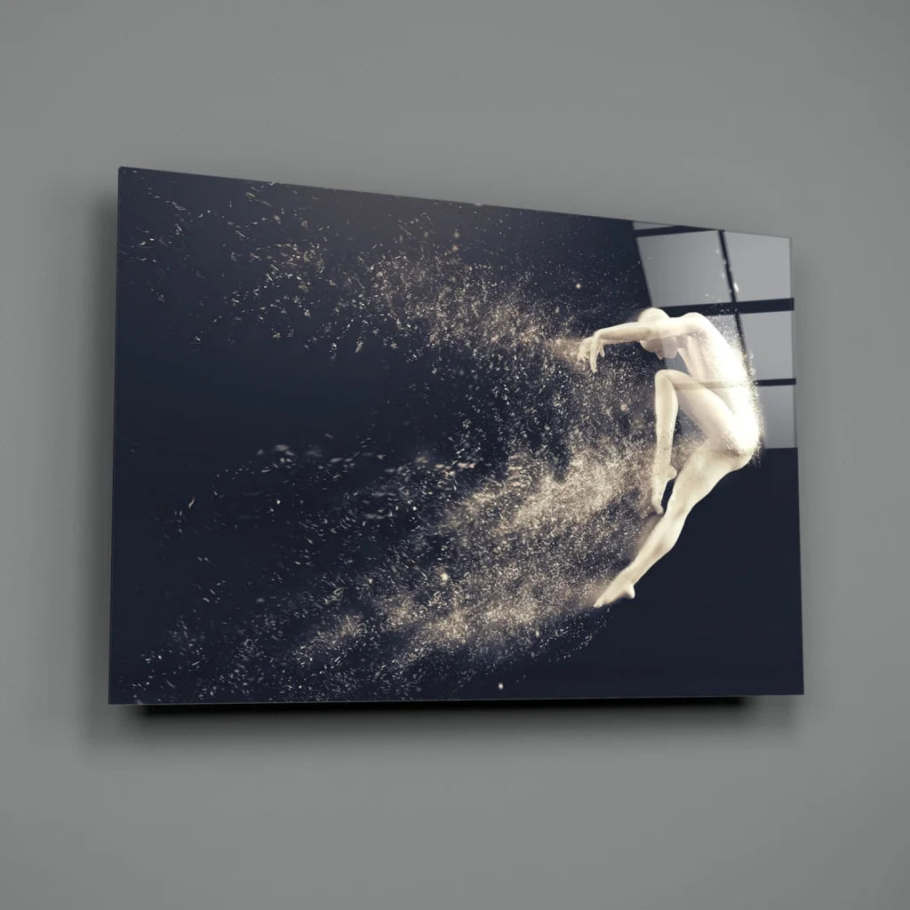 Sleek white humanoid in dynamic leap wall art canvas with sparkling effects