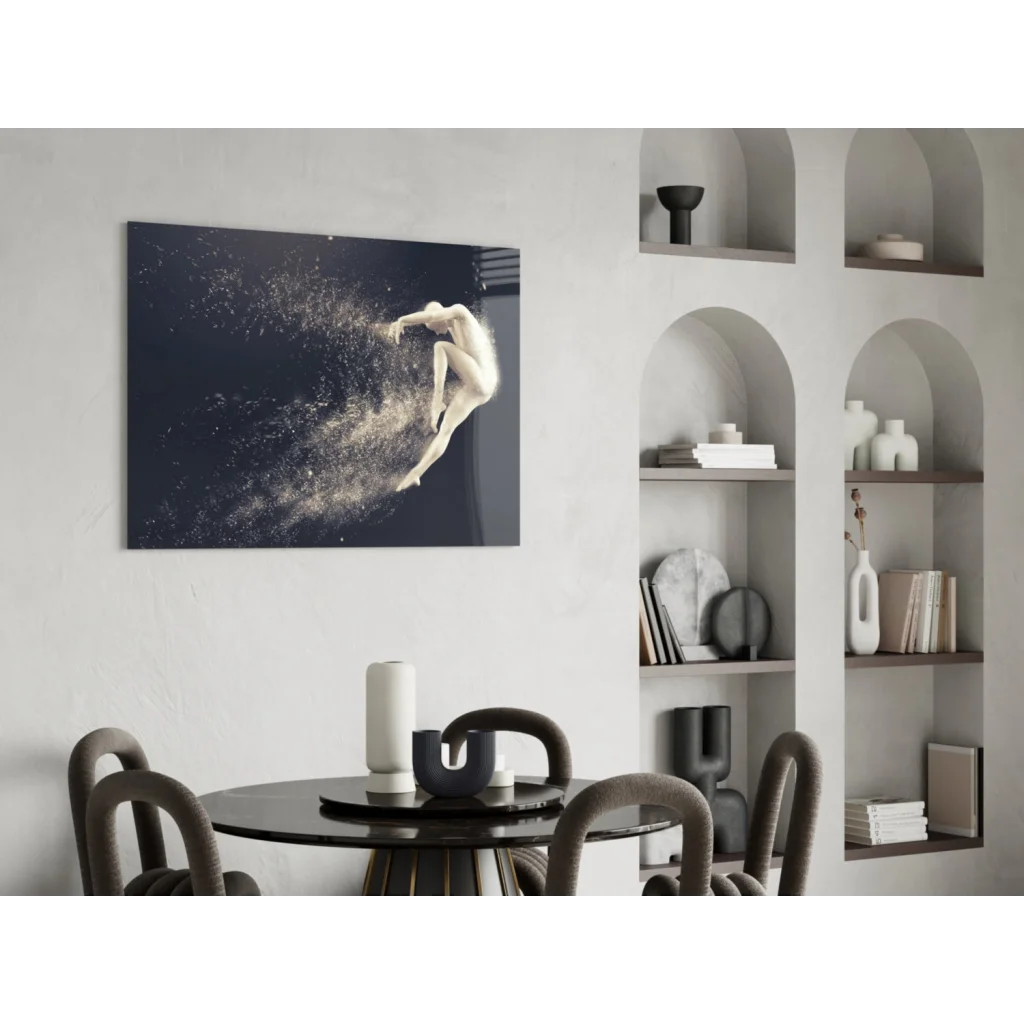 Sleek black-framed dynamic leap canvas wall art with white figure in motion