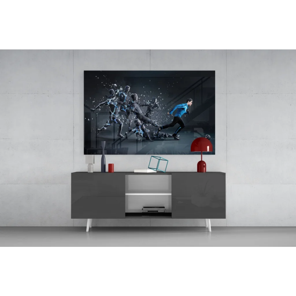 Samsung QLED TV in dynamic sports splash glass wall art print