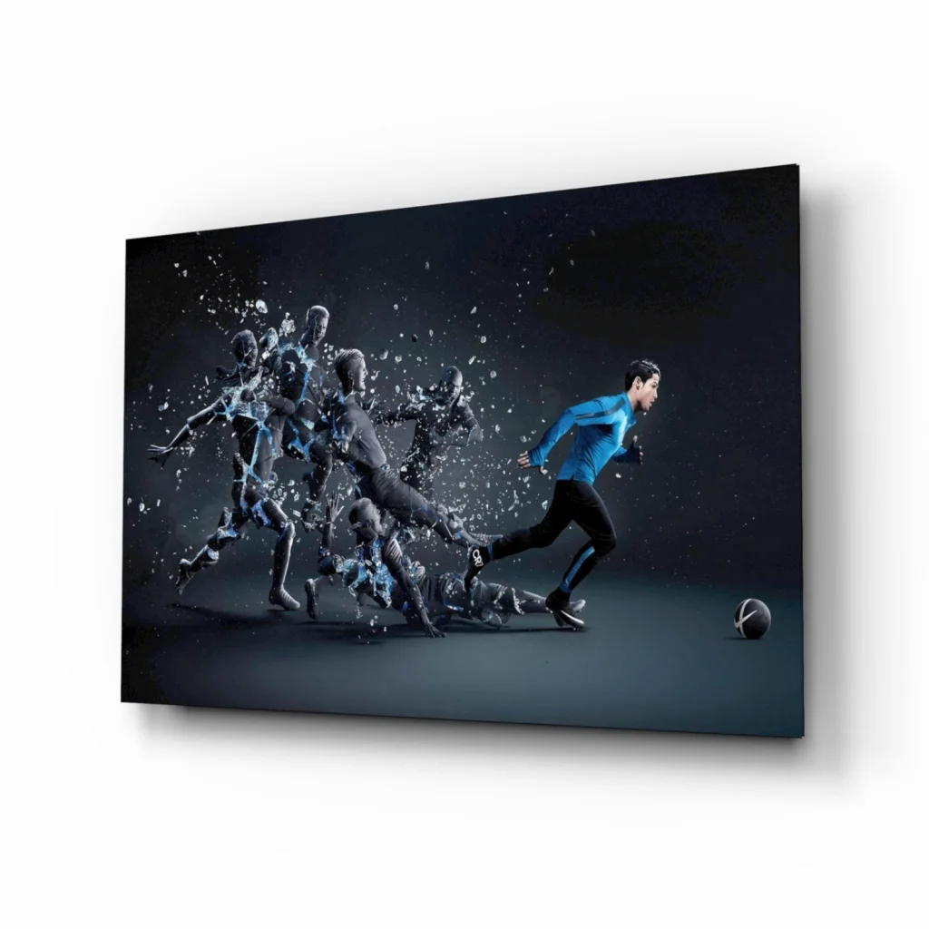 Dynamic blue soccer player glass wall art with splash effect