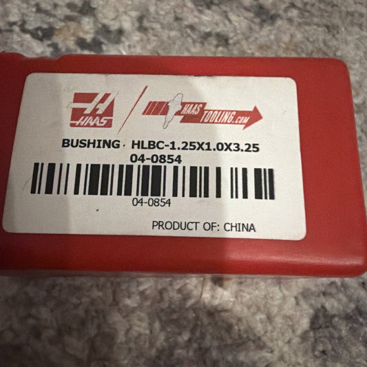 Red plastic packaging box with white label displaying HAAS logo, part number HLBC-1.25X1.0X3.25, barcode, and "Product of China" text.