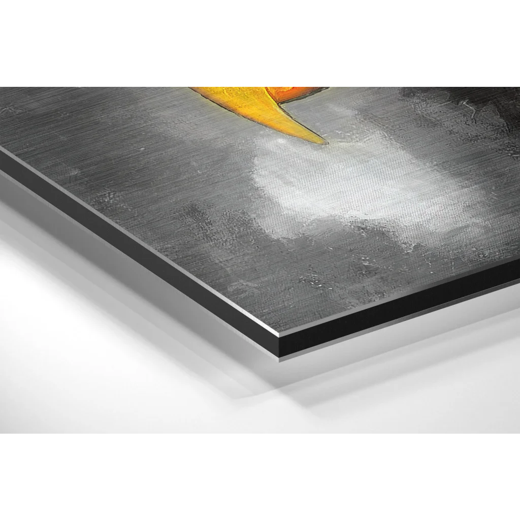 Abstract textured gray white canvas with yellow-orange shape on brushed aluminium dibond eagle print