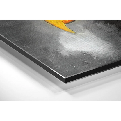 Abstract textured gray white canvas with yellow-orange shape on brushed aluminium dibond eagle print