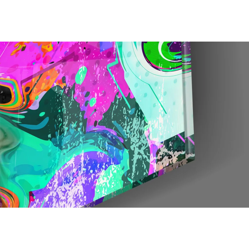 Psychedelic eagle glass wall art with vibrant neon pink, teal, purple swirls