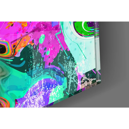 Psychedelic eagle glass wall art with vibrant neon pink, teal, purple swirls