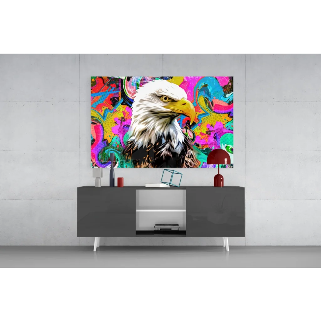 Psychedelic eagle glass wall art with neon swirls and vibrant colors