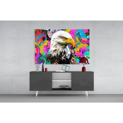 Psychedelic eagle glass wall art with neon swirls and vibrant colors
