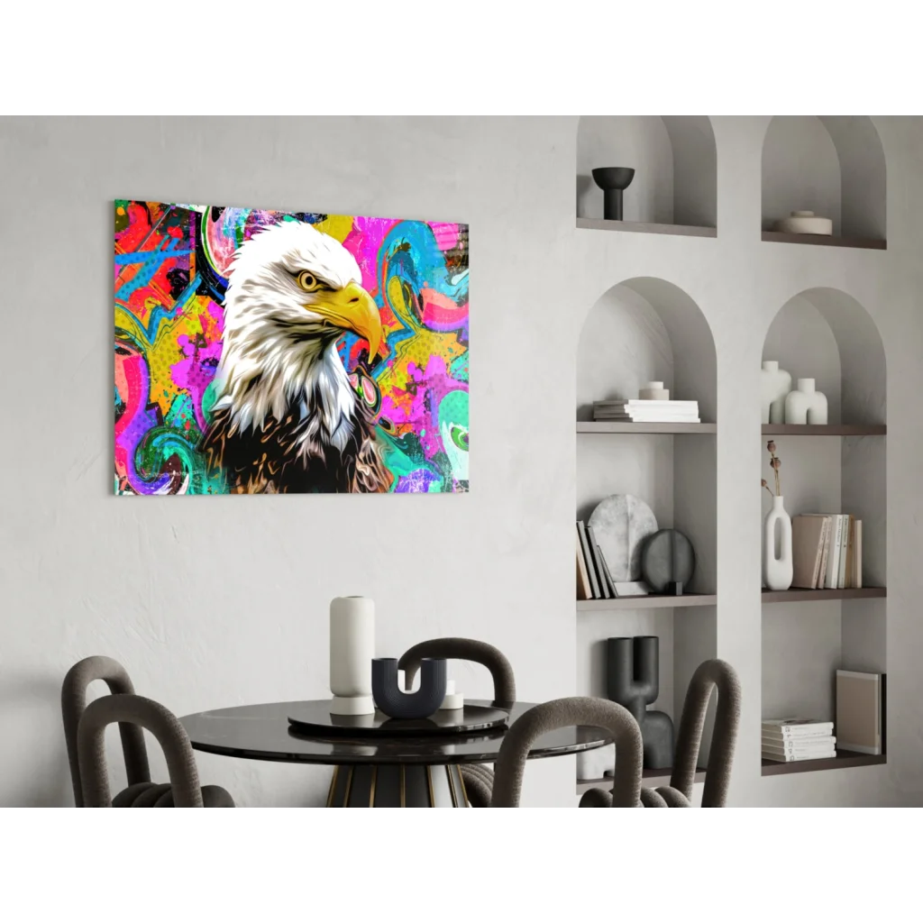 Vibrant psychedelic eagle on glass wall art with neon pink blue green purple swirls